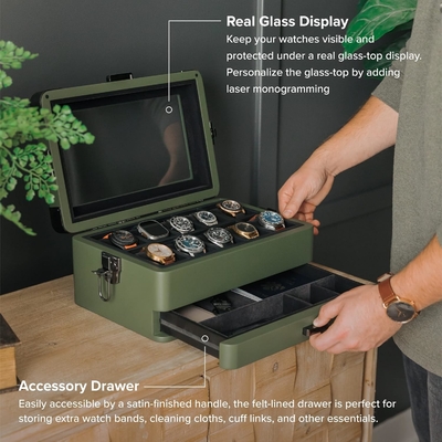 CASE ELEGANCE Military 10 Slot Watch Box Case Organizer for Men, Real Glass Top, Modular Valet Tray,