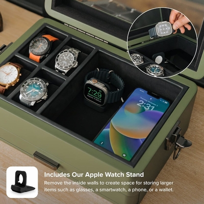 CASE ELEGANCE Military 10 Slot Watch Box Case Organizer for Men, Real Glass Top, Modular Valet Tray,