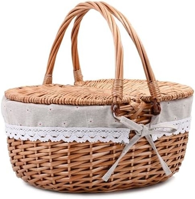 Wicker Picnic Basket with Lid and Handle Sturdy Woven Body with Washable Lining for Easter,Mother's Day,Outdoor Camping