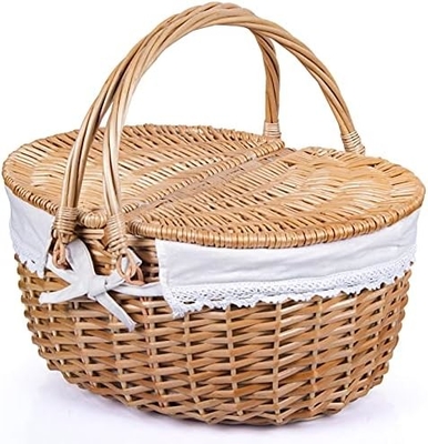 Wicker Picnic Basket with Lid and Handle Sturdy Woven Body with Washable Lining for Easter,Mother's Day,Outdoor Camping
