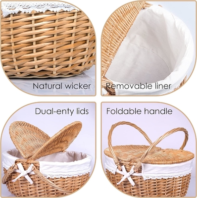 Wicker Picnic Basket with Lid and Handle Sturdy Woven Body with Washable Lining for Easter,Mother's Day,Outdoor Camping