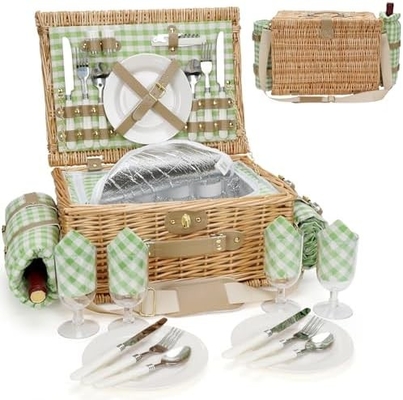 Wicker Picnic Basket with Lid and Handle Sturdy Woven Body with Washable Lining for Easter,Mother's Day,Outdoor Camping