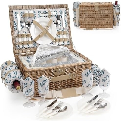 Wicker Picnic Basket with Lid and Handle Sturdy Woven Body with Washable Lining for Easter,Mother's Day,Outdoor Camping