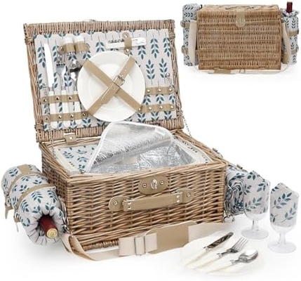 Wicker Picnic Basket with Lid and Handle Sturdy Woven Body with Washable Lining for Easter,Mother's Day,Outdoor Camping