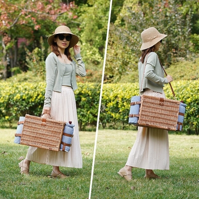 Wicker Picnic Basket with Lid and Handle Sturdy Woven Body with Washable Lining for Easter,Mother's Day,Outdoor Camping