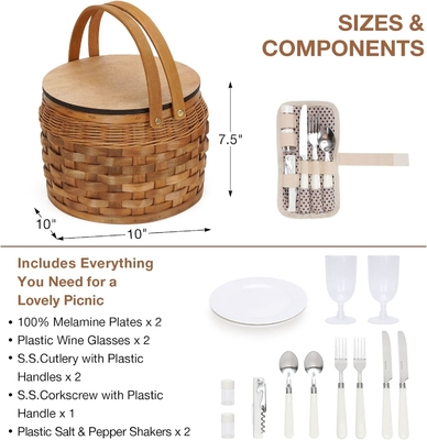 Small Picnic Baskets with Insulated Cooler, Picnic Basket Hamper for 2, Woodchip Wicker Basket, Including 2 Sets