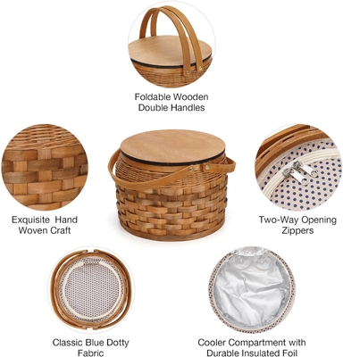 Small Picnic Baskets with Insulated Cooler, Picnic Basket Hamper for 2, Woodchip Wicker Basket, Including 2 Sets