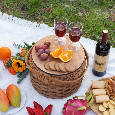 Small Picnic Baskets with Insulated Cooler, Picnic Basket Hamper for 2, Woodchip Wicker Basket, Including 2 Sets