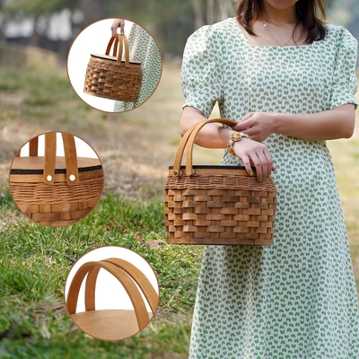 Small Picnic Baskets with Insulated Cooler, Picnic Basket Hamper for 2, Woodchip Wicker Basket, Including 2 Sets