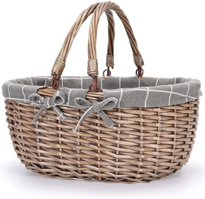 G GOOD GAIN Wicker Picnic Basket with Double Folding Handles,Willow Picnic Hamper,Natural Hand Woven Easter Basket,