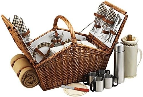 Picnic at Ascot Huntsman English-Style Willow Picnic Basket with Service for 4, Coffee Set and Blanket- Designed,