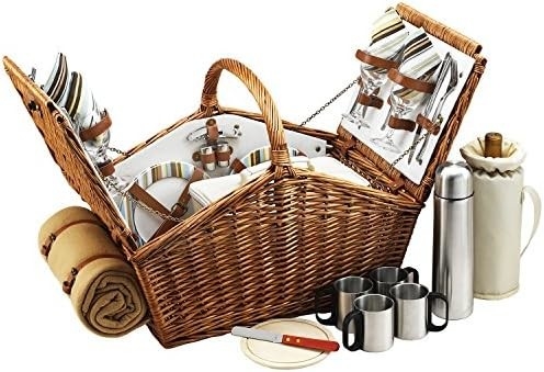 Picnic at Ascot Huntsman English-Style Willow Picnic Basket with Service for 4, Coffee Set and Blanket- Designed,