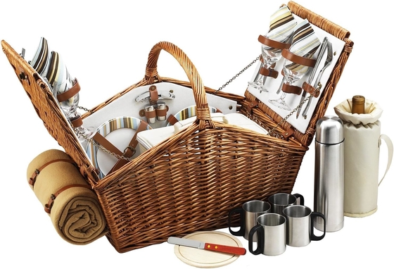 Picnic at Ascot Huntsman English-Style Willow Picnic Basket with Service for 4, Coffee Set and Blanket- Designed,