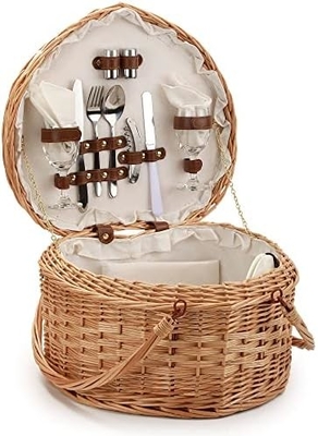 Picnic Basket for 2 Picniking Heart Shaped Empty Woven Wicker Willow Wood Hamper Backpack Box with Lid Cover Handle