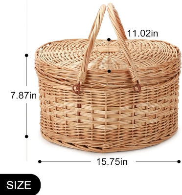 Picnic Basket for 2 Picniking Heart Shaped Empty Woven Wicker Willow Wood Hamper Backpack Box with Lid Cover Handle