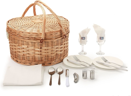 Picnic Basket for 2 Picniking Heart Shaped Empty Woven Wicker Willow Wood Hamper Backpack Box with Lid Cover Handle