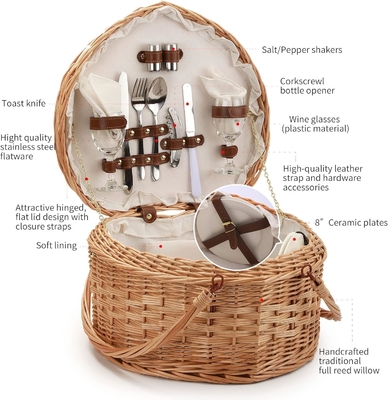 Picnic Basket for 2 Picniking Heart Shaped Empty Woven Wicker Willow Wood Hamper Backpack Box with Lid Cover Handle