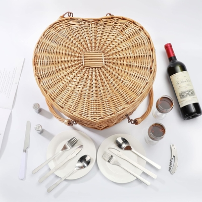 Picnic Basket for 2 Picniking Heart Shaped Empty Woven Wicker Willow Wood Hamper Backpack Box with Lid Cover Handle