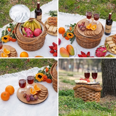 Kleine Picknickkörbe mit isolierter Kühlung, Picknickkorb für zwei, Holzsplitter Wicker-Korb,