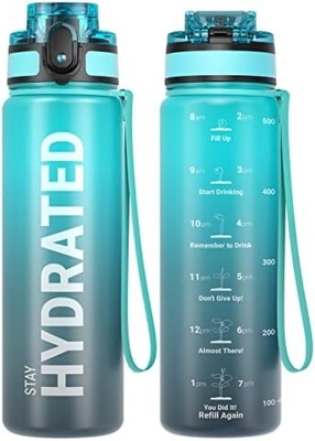 32oz Motivational Sports Water Bottle with Time Marker - Times to Drink - Tritan, BPA Free, Wide Mouth Leakproof,