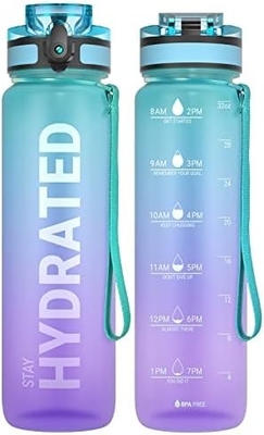 32oz Motivational Sports Water Bottle with Time Marker - Times to Drink - Tritan, BPA Free, Wide Mouth Leakproof,