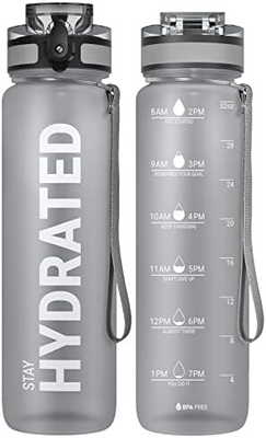 32oz Motivational Sports Water Bottle with Time Marker - Times to Drink - Tritan, BPA Free, Wide Mouth Leakproof,