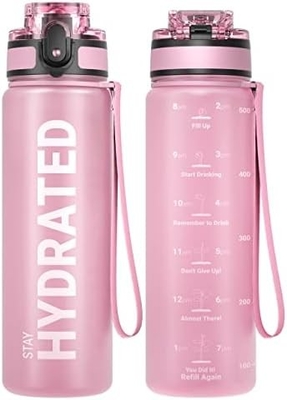 32oz Motivational Sports Water Bottle with Time Marker - Times to Drink - Tritan, BPA Free, Wide Mouth Leakproof,