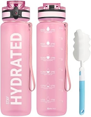 32oz Motivational Sports Water Bottle with Time Marker - Times to Drink - Tritan, BPA Free, Wide Mouth Leakproof,