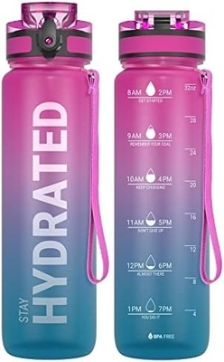 32oz Motivational Sports Water Bottle with Time Marker - Times to Drink - Tritan, BPA Free, Wide Mouth Leakproof,