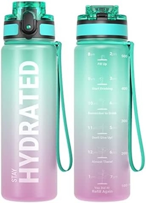 32oz Motivational Sports Water Bottle with Time Marker - Times to Drink - Tritan, BPA Free, Wide Mouth Leakproof,