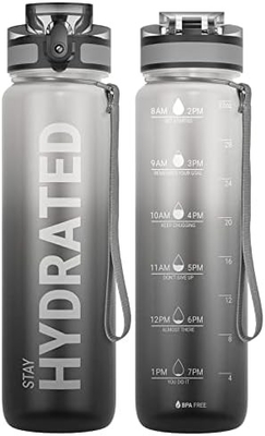 32oz Motivational Sports Water Bottle with Time Marker - Times to Drink - Tritan, BPA Free, Wide Mouth Leakproof,