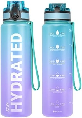 32oz Motivational Sports Water Bottle with Time Marker - Times to Drink - Tritan, BPA Free, Wide Mouth Leakproof,