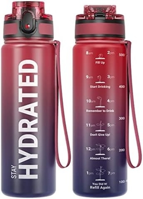32oz Motivational Sports Water Bottle with Time Marker - Times to Drink - Tritan, BPA Free, Wide Mouth Leakproof,