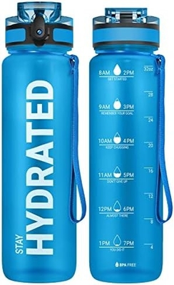 32oz Motivational Sports Water Bottle with Time Marker - Times to Drink - Tritan, BPA Free, Wide Mouth Leakproof,
