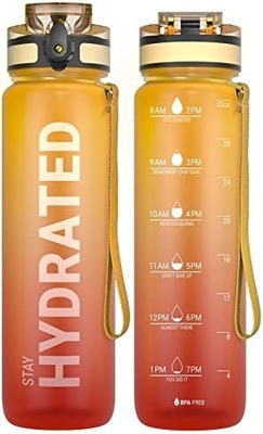 32oz Motivational Sports Water Bottle with Time Marker - Times to Drink - Tritan, BPA Free, Wide Mouth Leakproof,