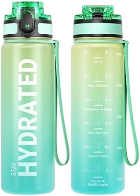32oz Motivational Sports Water Bottle with Time Marker - Times to Drink - Tritan, BPA Free, Wide Mouth Leakproof,