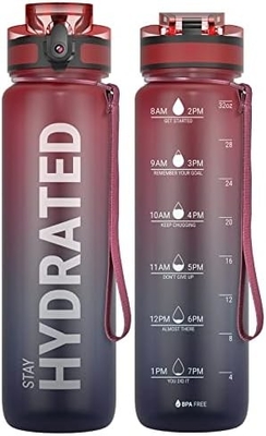 32oz Motivational Sports Water Bottle with Time Marker - Times to Drink - Tritan, BPA Free, Wide Mouth Leakproof,