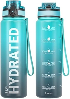 32oz Motivational Sports Water Bottle with Time Marker - Times to Drink - Tritan, BPA Free, Wide Mouth Leakproof,