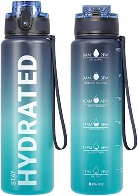 32oz Motivational Sports Water Bottle with Time Marker - Times to Drink - Tritan, BPA Free, Wide Mouth Leakproof,