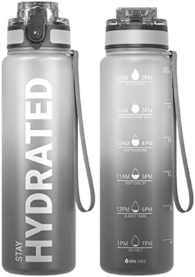 32oz Motivational Sports Water Bottle with Time Marker - Times to Drink - Tritan, BPA Free, Wide Mouth Leakproof,