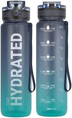32oz Motivational Sports Water Bottle with Time Marker - Times to Drink - Tritan, BPA Free, Wide Mouth Leakproof,