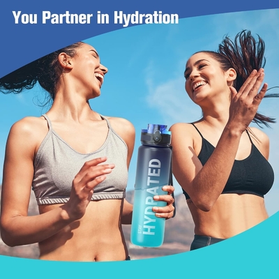 32oz Motivational Sports Water Bottle with Time Marker - Times to Drink - Tritan, BPA Free, Wide Mouth Leakproof,
