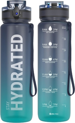 32oz Motivational Sports Water Bottle with Time Marker - Times to Drink - Tritan, BPA Free, Wide Mouth Leakproof,
