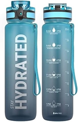 32oz Motivational Sports Water Bottle with Time Marker - Times to Drink - Tritan, BPA Free, Wide Mouth Leakproof,