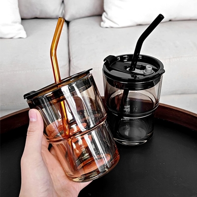 13oz/400ml Tumbler Water Glass, Cups with Straw and Lid Sealed Carry on for Coffee, Iced Tea, Thick Wall Insulated Glass