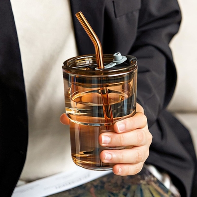 13oz/400ml Tumbler Water Glass, Cups with Straw and Lid Sealed Carry on for Coffee, Iced Tea, Thick Wall Insulated Glass