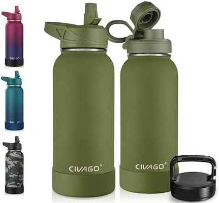 32 oz Insulated Water Bottle With Straw, Stainless Steel Sports Water Cup Flask with 3 Lids (Straw, Spout and Handle Lid