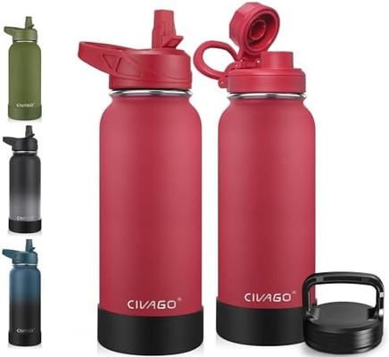 32 oz Insulated Water Bottle With Straw, Stainless Steel Sports Water Cup Flask with 3 Lids (Straw, Spout and Handle Lid
