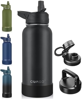 32 oz Insulated Water Bottle With Straw, Stainless Steel Sports Water Cup Flask with 3 Lids (Straw, Spout and Handle Lid
