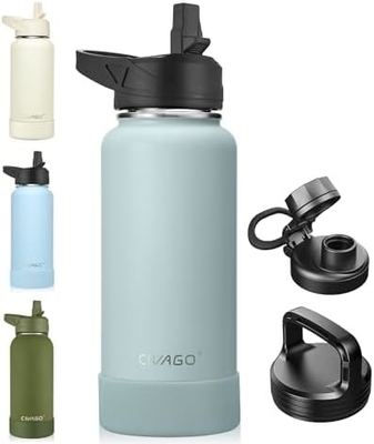 32 oz Insulated Water Bottle With Straw, Stainless Steel Sports Water Cup Flask with 3 Lids (Straw, Spout and Handle Lid